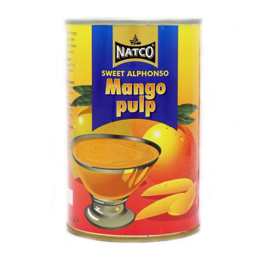 Natco Sweet Alphonso Mango Pulp tin with yellow and red label, showing a bowl of mango pulp and fresh mango slices on the front.