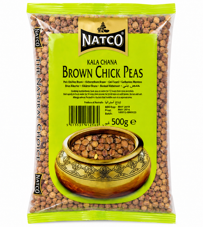 Natco Brown Chick Peas (Kala Chana) 500g front packaging featuring premium quality whole brown chickpeas ideal for traditional Indian cooking.