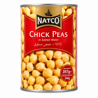 Natco Chick Peas in Salted Water 397g can featuring premium ready-to-use chickpeas preserved in salted water, ideal for hummus, salads, curries, soups and healthy everyday cooking.