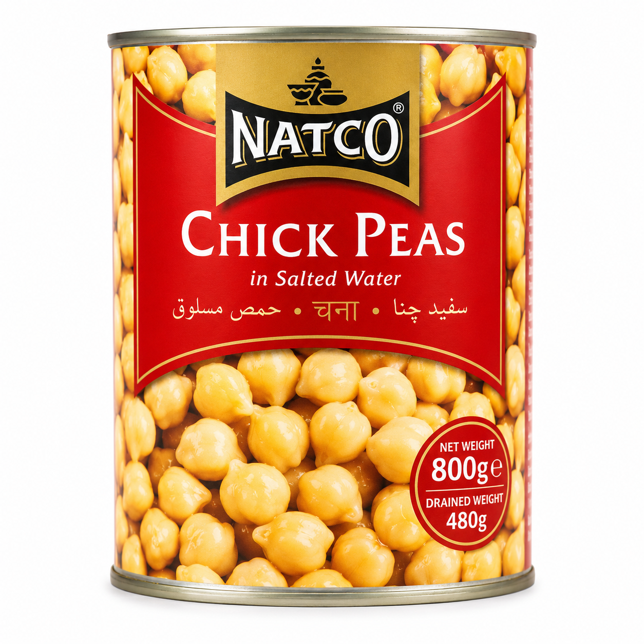 Natco Chick Peas in Salted Water 800g can featuring premium cooked chickpeas in salted water, perfect for curries, salads, hummus and a variety of traditional and healthy recipes.