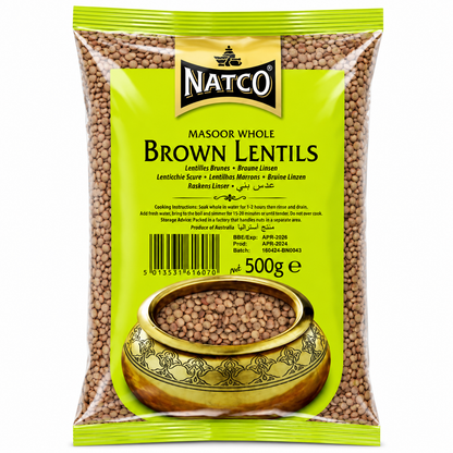 Natco Masoor Whole Brown Lentils 500g front packaging featuring premium quality whole brown lentils, ideal for nutritious soups, curries, and traditional Indian recipes.