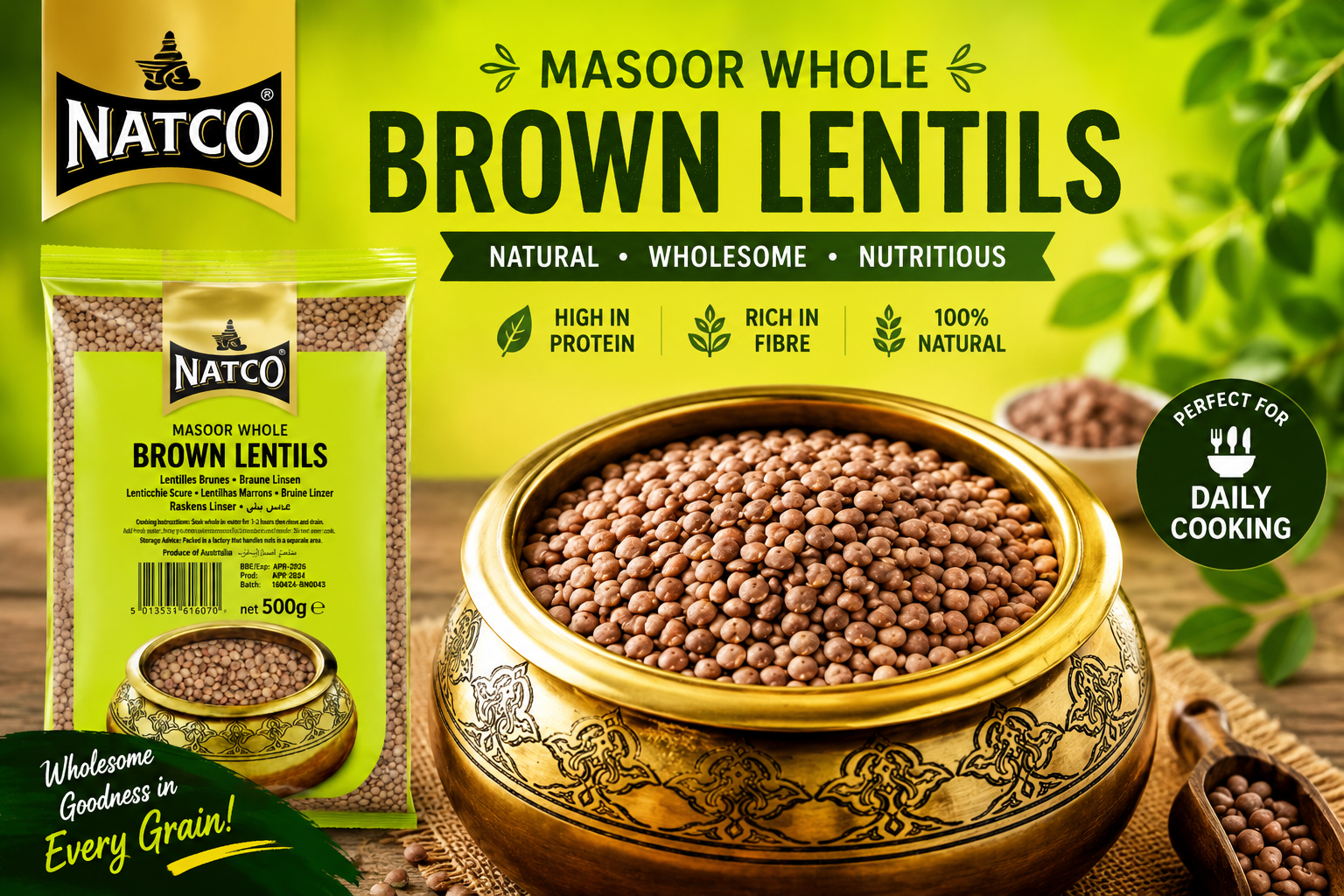 Premium lifestyle image of Natco Masoor Whole Brown Lentils displayed in an elegant traditional brass bowl, highlighting their natural goodness, rich protein content, and versatility for wholesome everyday cooking.