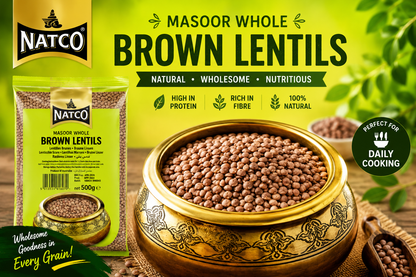 Premium lifestyle image of Natco Masoor Whole Brown Lentils displayed in an elegant traditional brass bowl, highlighting their natural goodness, rich protein content, and versatility for wholesome everyday cooking.