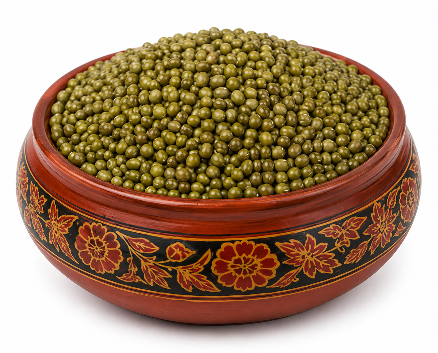 Premium Natco whole mung beans displayed in a decorative ceramic bowl on a white background.