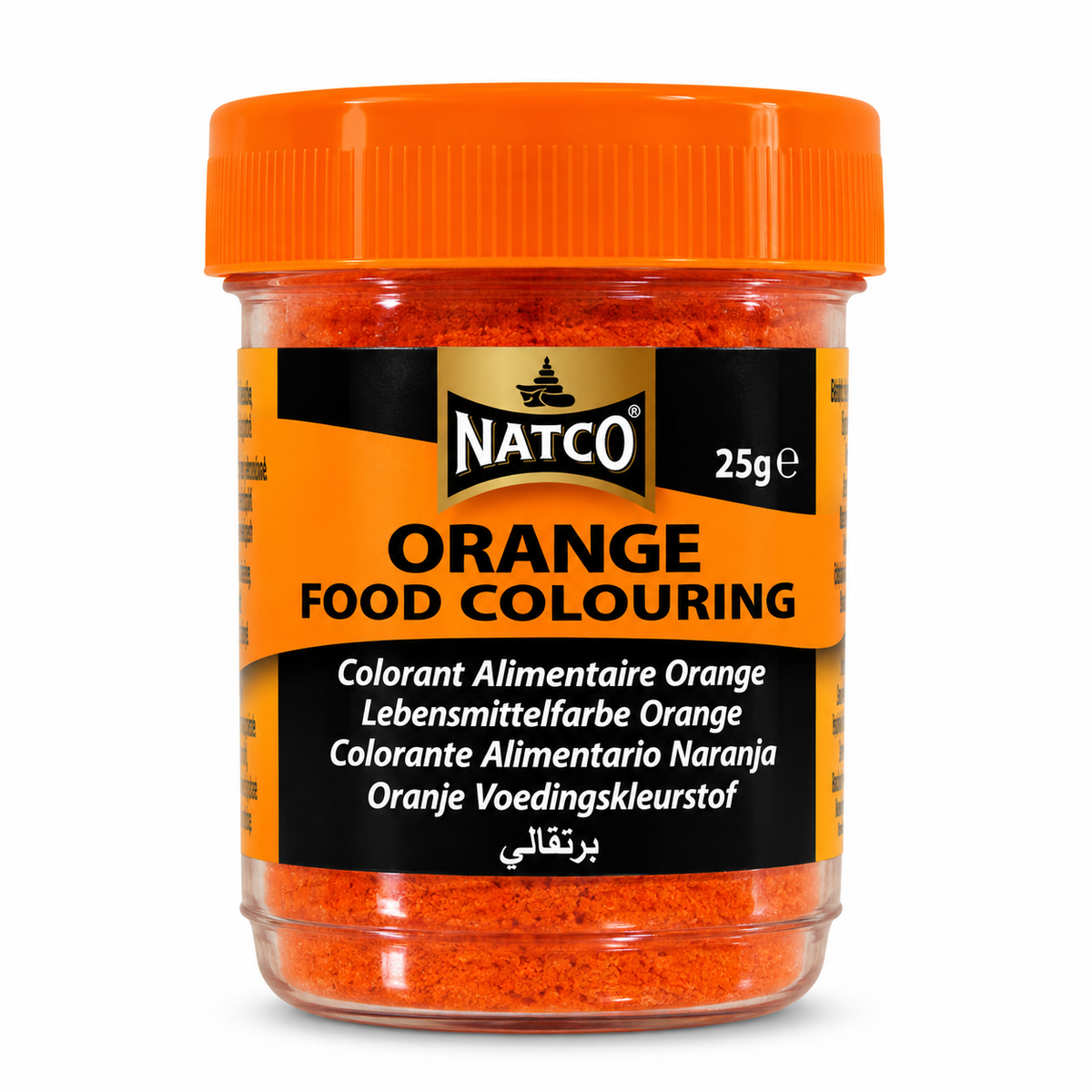 Natco Orange Food Colouring 25g jar with an orange screw-top lid and orange and black label, suitable for adding orange colour to baking, desserts, cakes, sweets and other homemade food recipes.