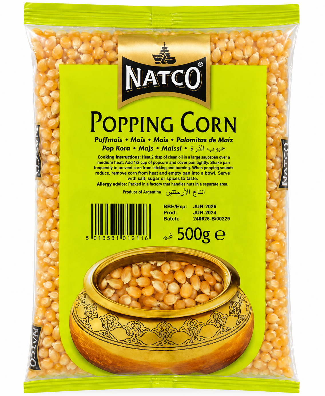 Natco Popping Corn 500g front packaging featuring premium popcorn kernels suitable for making fresh homemade popcorn.