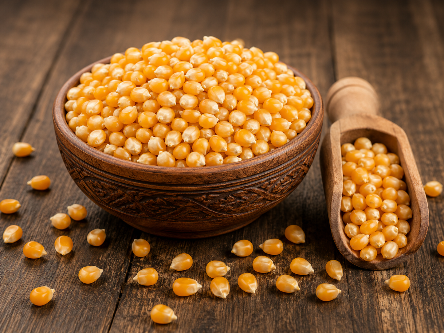 Bowl of Natco Popping Corn kernels with a wooden scoop, showcasing premium quality popcorn kernels ready for popping.