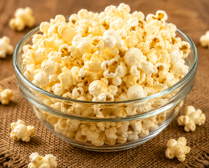Freshly popped Natco Popping Corn served in a glass bowl, light and fluffy homemade popcorn snack.
