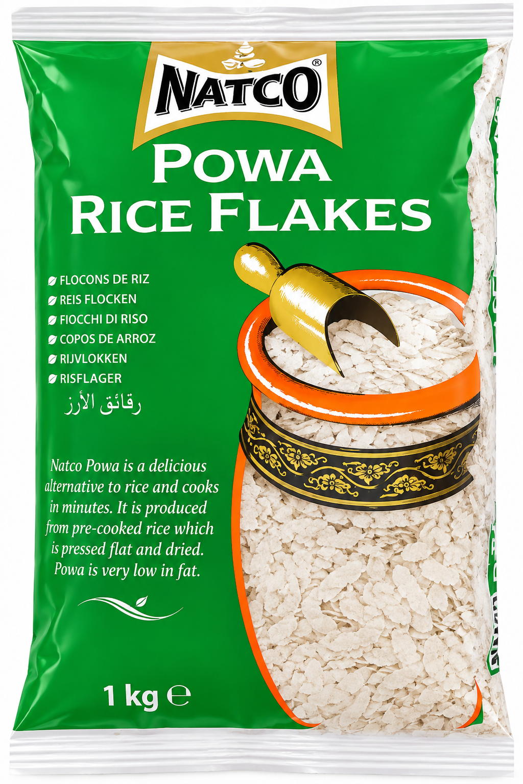 Natco Powa Rice Flakes 1kg front packaging featuring premium quality flattened rice, ideal for making authentic Indian poha and light breakfast dishes.