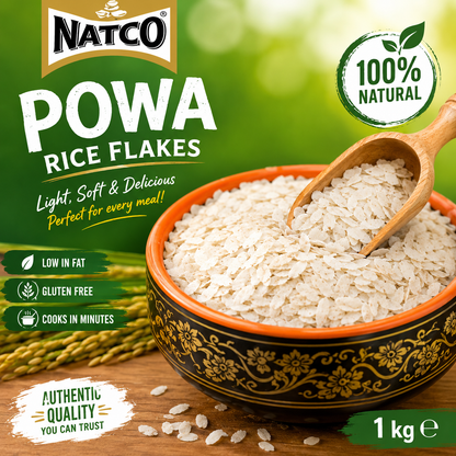Premium promotional image of Natco Powa Rice Flakes displayed in a traditional decorative bowl with a wooden scoop, showcasing light, soft and nutritious flattened rice perfect for everyday cooking.