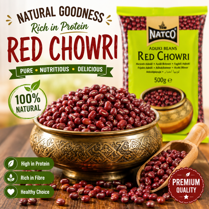 Premium serving image of Natco Red Chowri Aduki Beans displayed in an ornate traditional bowl, naturally rich in protein, fibre and perfect for nutritious home cooking.
