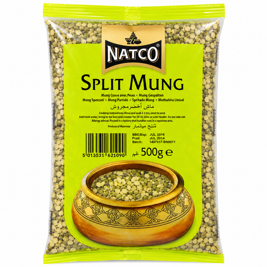 Natco Split Mung 500g front packaging featuring premium split mung beans with skin, ideal for soups, curries and healthy meals.