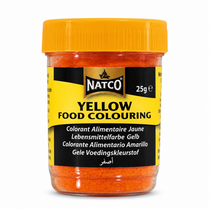 Natco Yellow Food Colouring 25g jar with a yellow and black label and orange-yellow food colouring powder.