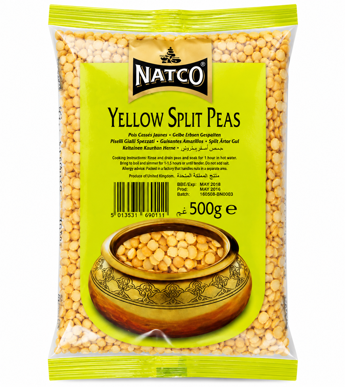Natco Yellow Split Peas 500g front packaging featuring premium quality yellow split peas, ideal for soups, dals and traditional recipes.