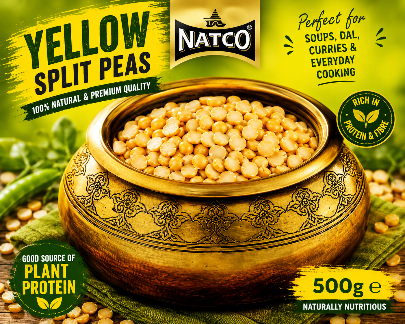 Premium promotional image of Natco Yellow Split Peas in a traditional decorative bowl, naturally rich in plant protein and fibre for healthy everyday cooking.