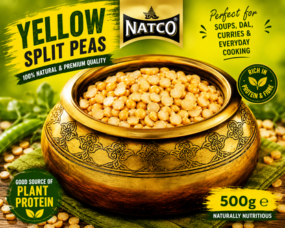 Premium promotional image of Natco Yellow Split Peas in a traditional decorative bowl, naturally rich in plant protein and fibre for healthy everyday cooking.