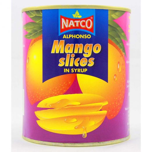Can of Natco Alphonso Mango Slices in Syrup with bright pink and blue label, featuring images of ripe yellow mangoes and sliced mango pieces.