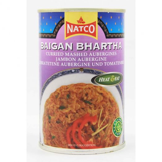 Natco Baigan Bhartha 450g can – curried mashed aubergines (Baingan Bharta) ready-to-eat Indian curry in a tin with product image on label.
