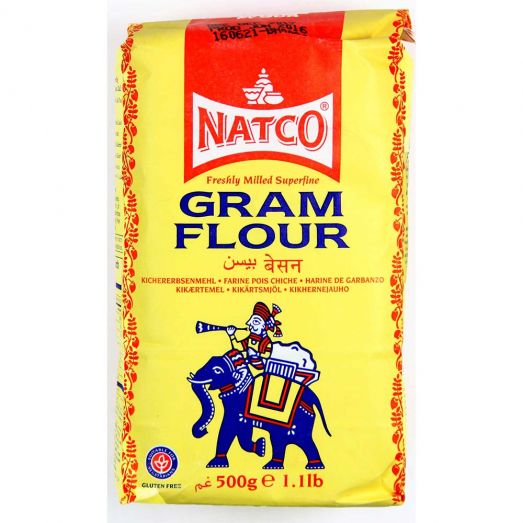 Natco Gram Flour 500g pack in yellow packaging with red Natco logo, blue elephant illustration, and “Gram Flour” text on front.