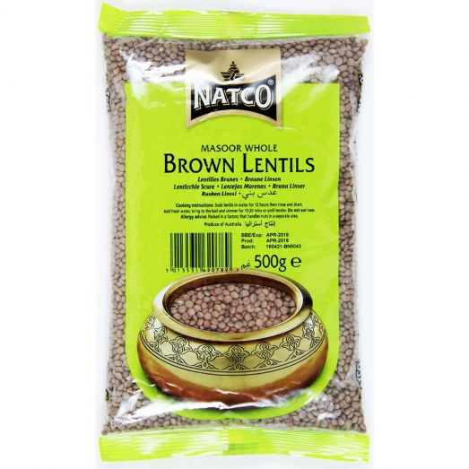 Natco Masoor Whole Brown Lentils 500g clear pack with green label, showing dried brown lentils and a bowl of cooked lentils on the front.