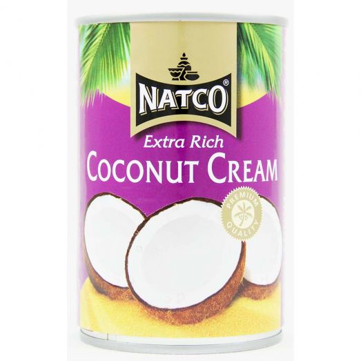 Can of Natco Extra Rich Coconut Cream 400ml with purple and cream label, featuring images of halved coconuts and palm leaves.