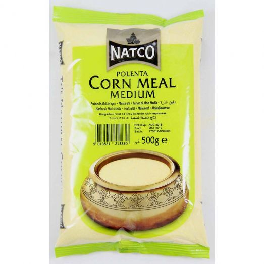 Natco Polenta Corn Meal Medium 500g pack in yellow and green packaging with Natco logo and bowl of polenta illustration on front.