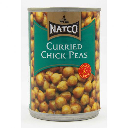 Natco Curried Chick Peas 400g tin with green label and heat & serve badge.