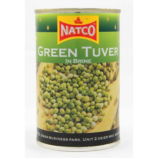 Natco Green Tuver 400g tin in brine with green label and image of green pigeon peas on the front.
