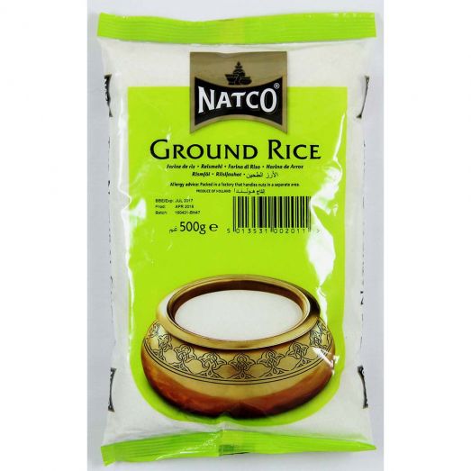 Natco Ground Rice 500g pack – white rice flour bag with bright green label, Natco logo, barcode, and decorative bowl illustration on the front.