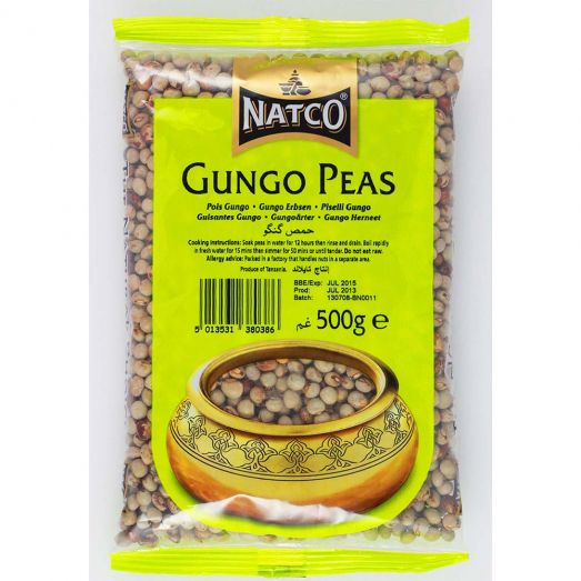 Packet of Natco Gungo Peas 500g, showing dried whole pigeon peas in clear packaging with branded label on the front.