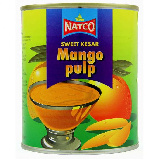 Natco Sweet Kesar Mango Pulp 850g tin with green label featuring a bowl of mango pulp and fresh mango slices.