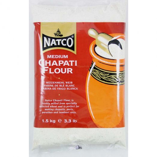 Natco Medium Chapati Flour 1.5kg bag with red and orange front label, Natco logo, and chapati rolling illustration on packaging.