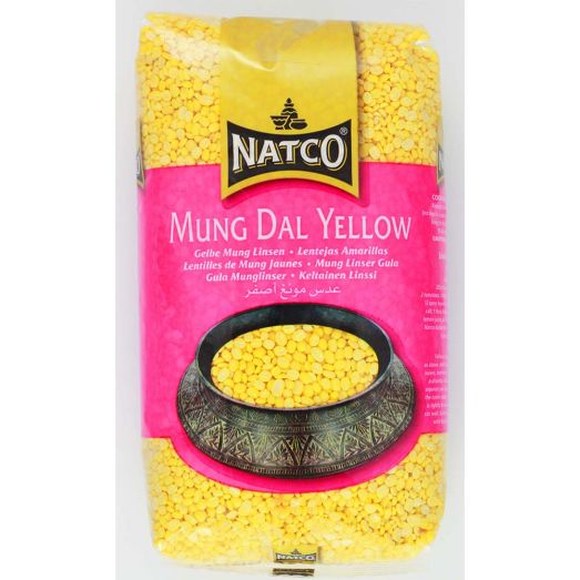 A 2 kg pack of Natco Mung Dal Yellow, showing split and de-husked yellow mung beans in clear packaging with branded labeling, commonly used for cooking dal, soups, and khichdi.