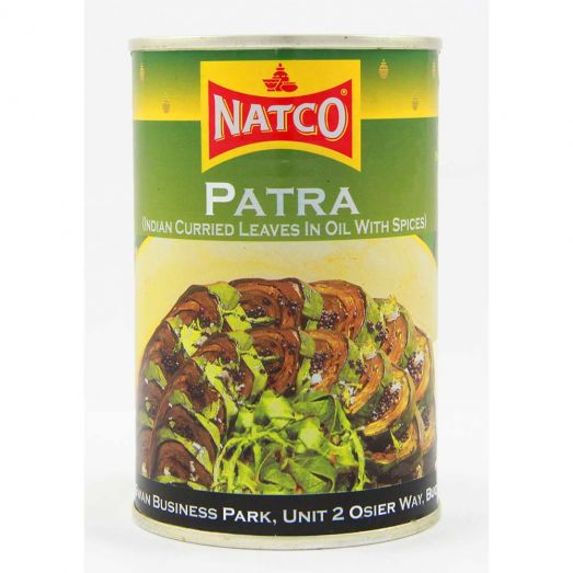 Natco Patra 400g tin with green label showing Indian curried leaves in oil with spices and sliced patra rolls on the front.