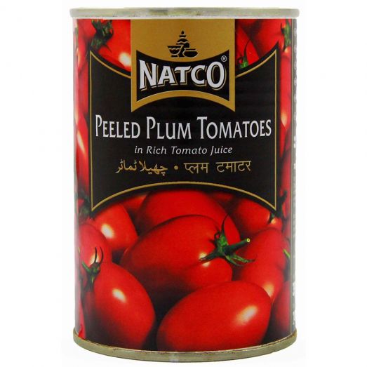 Natco Peeled Plum Tomatoes in Rich Tomato Juice 794g can with red plum tomatoes on label.