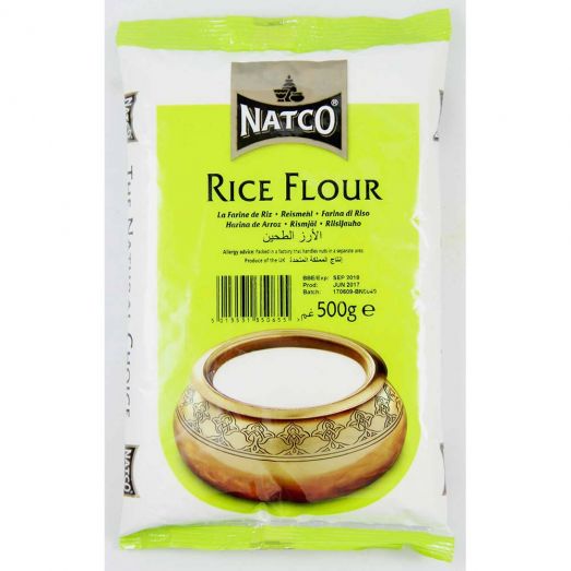 Natco White Rice Flour 500g pack – white and lime green bag with Natco logo and bowl illustration on the front.