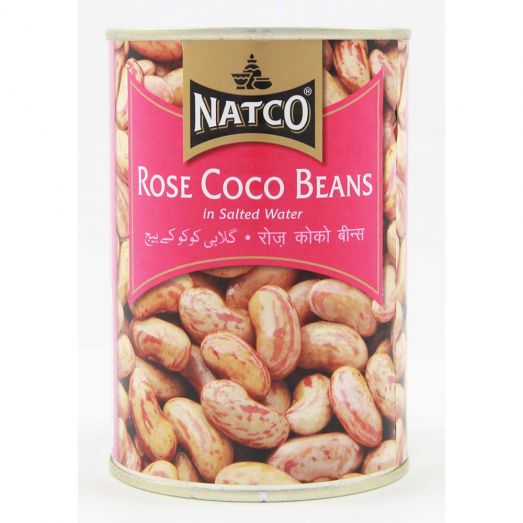 Natco Rose Coco Beans in Salted Water can showing pink label and image of speckled rose coco beans on the front.