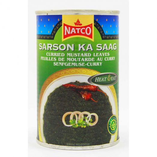 Natco Sarson Ka Saag 450g tin with green label showing curried mustard leaves and heat and eat badge on the front.