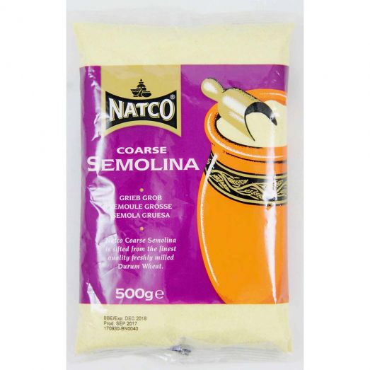 Natco Coarse Semolina 500g pack – clear plastic bag with purple and orange label reading “Natco Coarse Semolina” made from durum wheat.