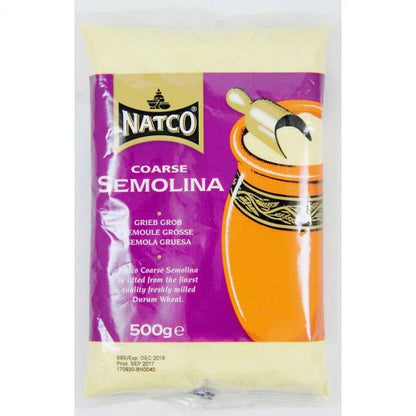 Natco Coarse Semolina 500g pack – clear plastic bag with purple and orange label reading “Natco Coarse Semolina” made from durum wheat.