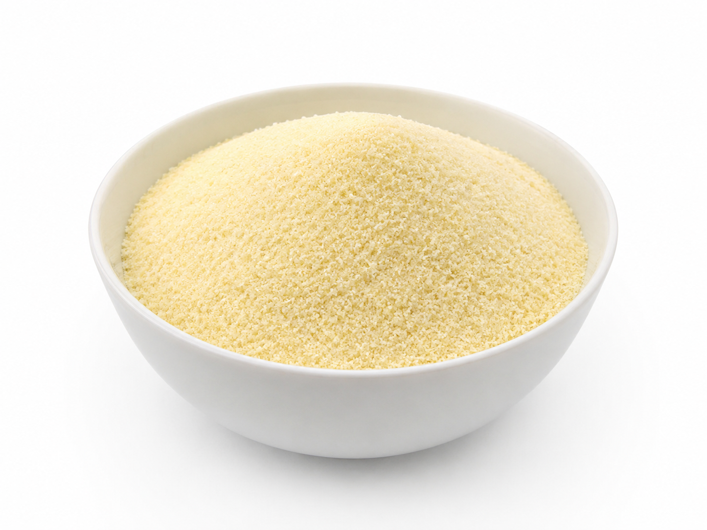 A white ceramic bowl filled with a mound of fine pale yellow powder, photographed on a clean white background.