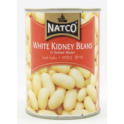 Natco White Kidney Beans 400g tin in salted water, showing white kidney beans on the label with red and gold Natco branding.