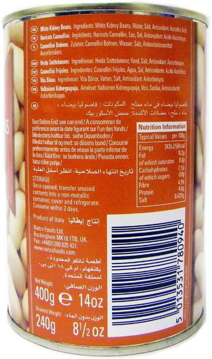 Back of Natco White Kidney Beans 400g tin showing ingredients, nutrition information, storage instructions, barcode, and product details stating product of Italy.