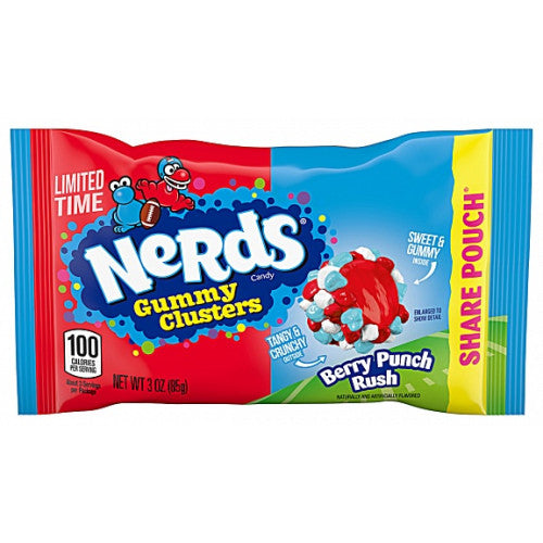 Nerds Gummy Clusters – Berry Punch Rush 85g pack, chewy gummy candies coated in colorful, crunchy Nerds for a sweet and tangy berry flavor.