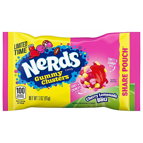 Nerds Gummy Clusters – Cherry Lemonade Blitz 85g pack, chewy gummy candies coated in colorful, crunchy Nerds with a sweet cherry and tangy lemonade flavor.