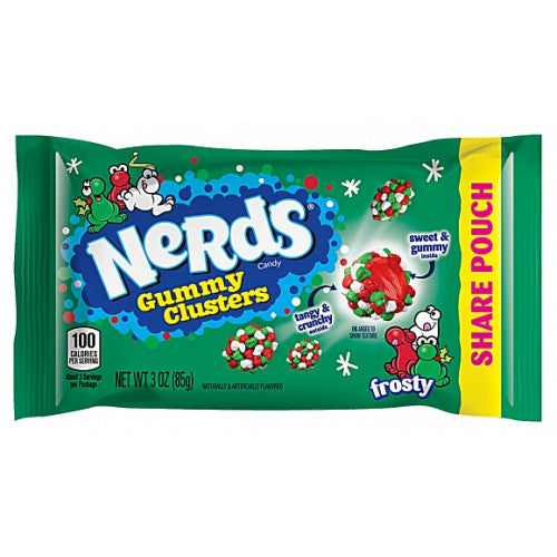 12 × 85 g pouches of Nerds Gummy Clusters Frosty – chewy gummy centers coated with crunchy Nerds candy.