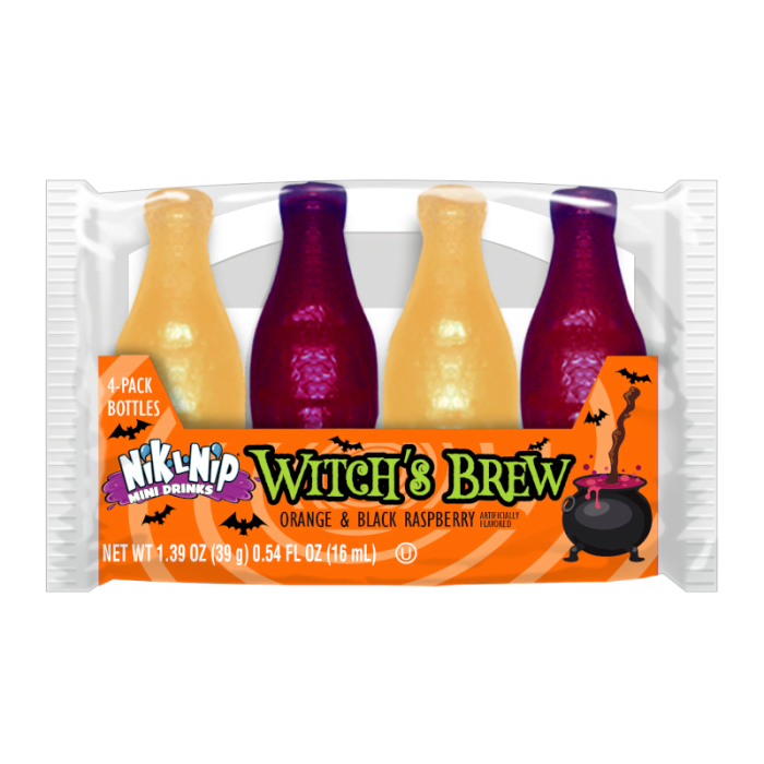 Nik-L-Nip Witch's Brew Wax Bottles 4 pack, with Halloween-themed packaging and sweet liquid-filled wax bottles.