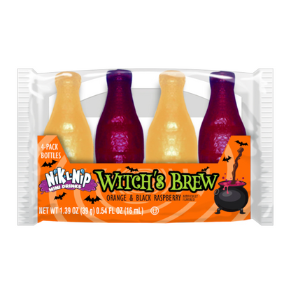 Nik-L-Nip Witch's Brew Wax Bottles 4 pack, with Halloween-themed packaging and sweet liquid-filled wax bottles.
