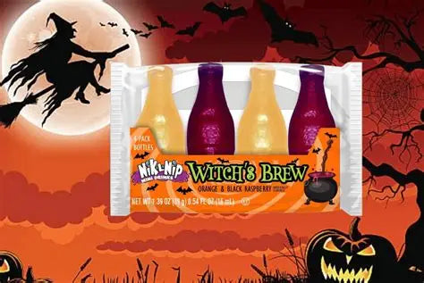 Nik-L-Nip Witch's Brew Wax Bottles 4 pack, with Halloween-themed packaging and sweet liquid-filled wax bottles.