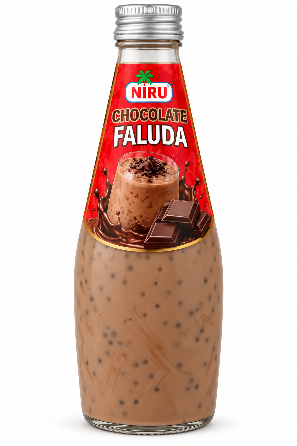 Niru Chocolate Faluda 290ml bottle featuring creamy chocolate faluda with visible seeds and strands, a red label with chocolate graphics, and a silver screw cap.